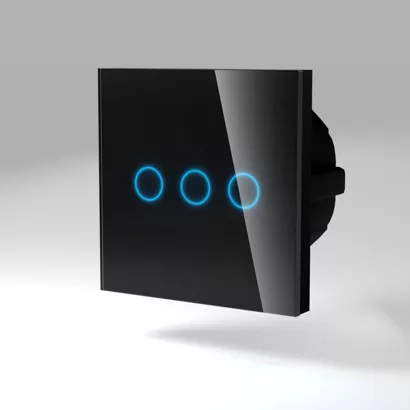 Сенсорный трехлинейный (трехклавишный) черный выключатель коллекция "Оптима"